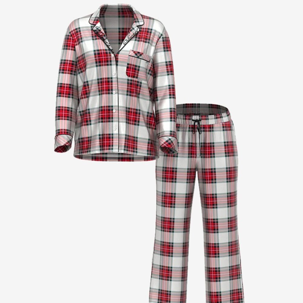 Victoria's Secret Flannel Long Pajama Set - Embroidered Collar Print - Size L.R